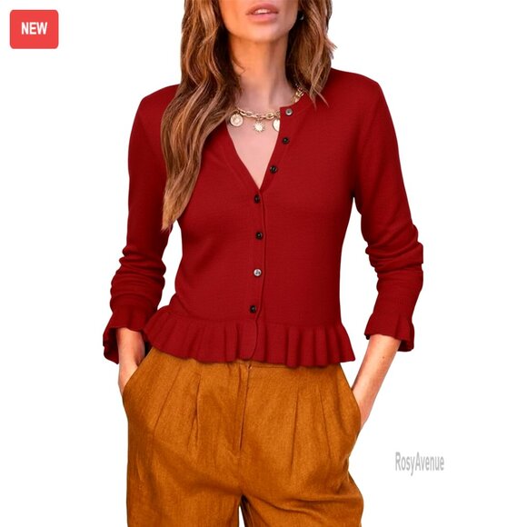 Linen Ruffle Cardigan Sweater Long Sleeve Button Down Peplum Top
